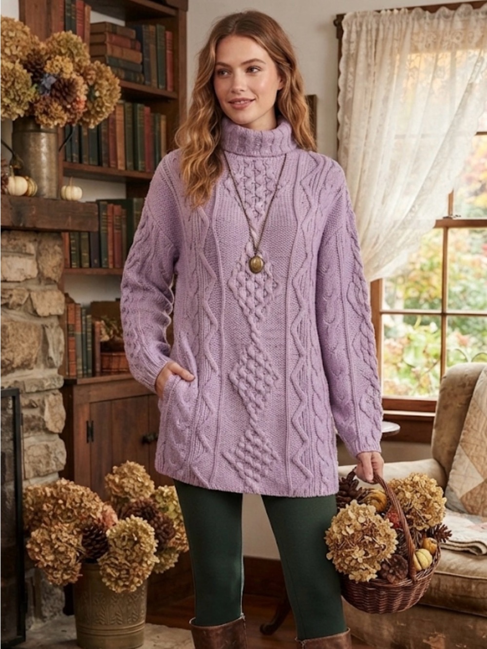 Aran Crafts Ireland 100% Merino Wool Lavender Turtleneck Aran Cable Knit Sweater
